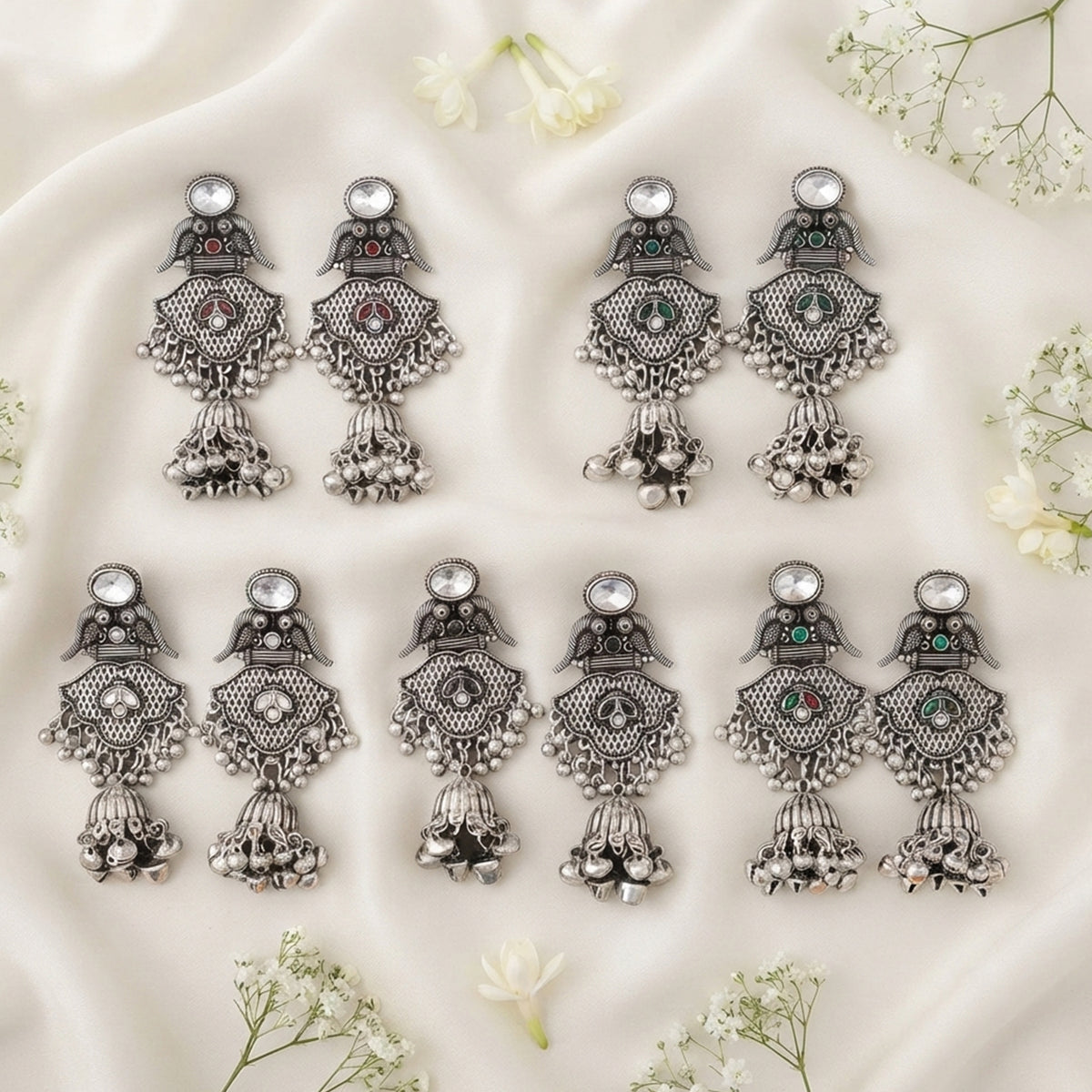 Js Fashion Pack of 3 Oxidized Silver Peacock Stud Earrings for Women