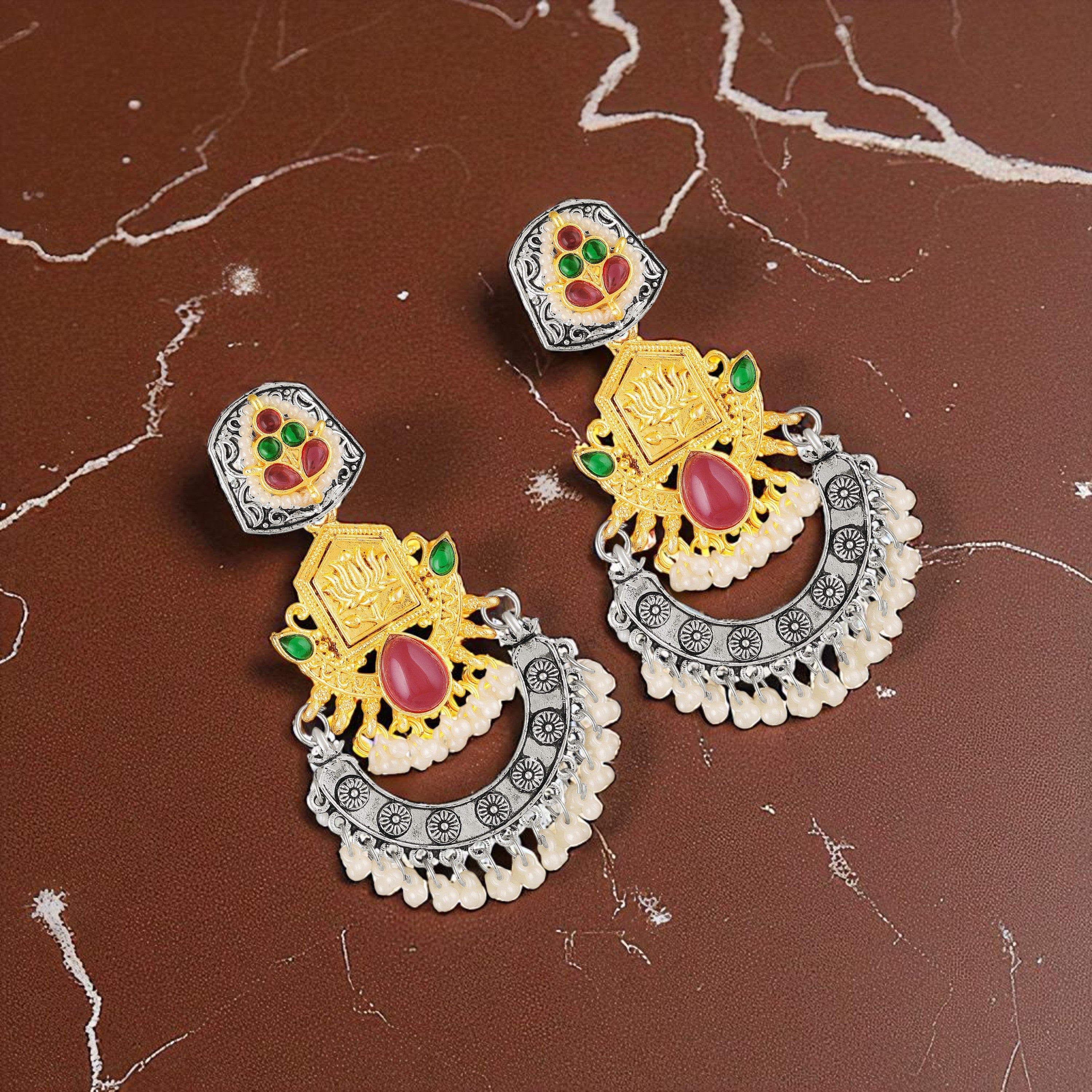 Mahi Traditional Dual-Tone Temple Style Dangler Jhumka Earrings with Kundan & Artificial Pearl Beads for Womens (ER1109887M)