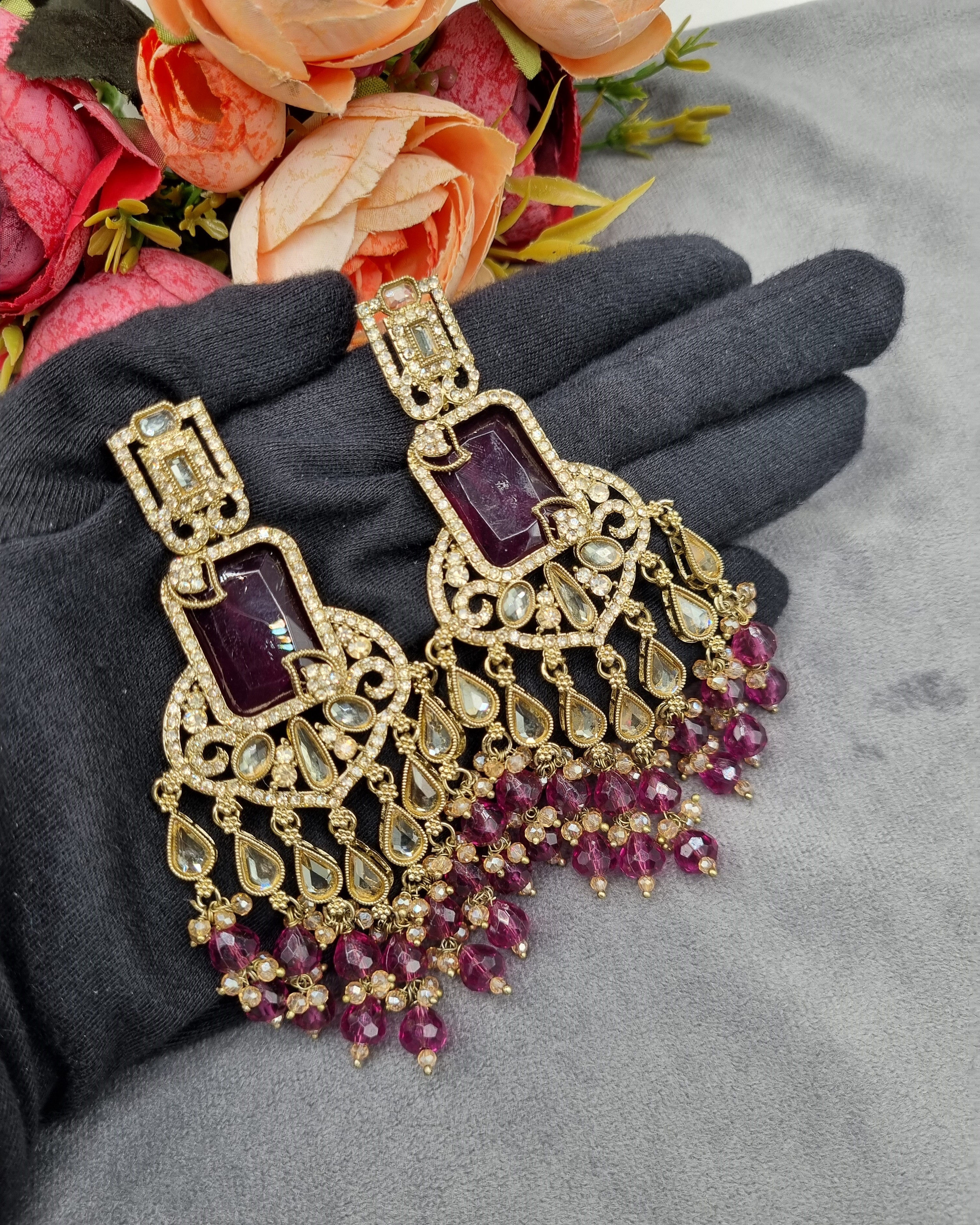 LAFZ Antique Gold Statement Chandbali Earrings with Crystal Beads - ER130