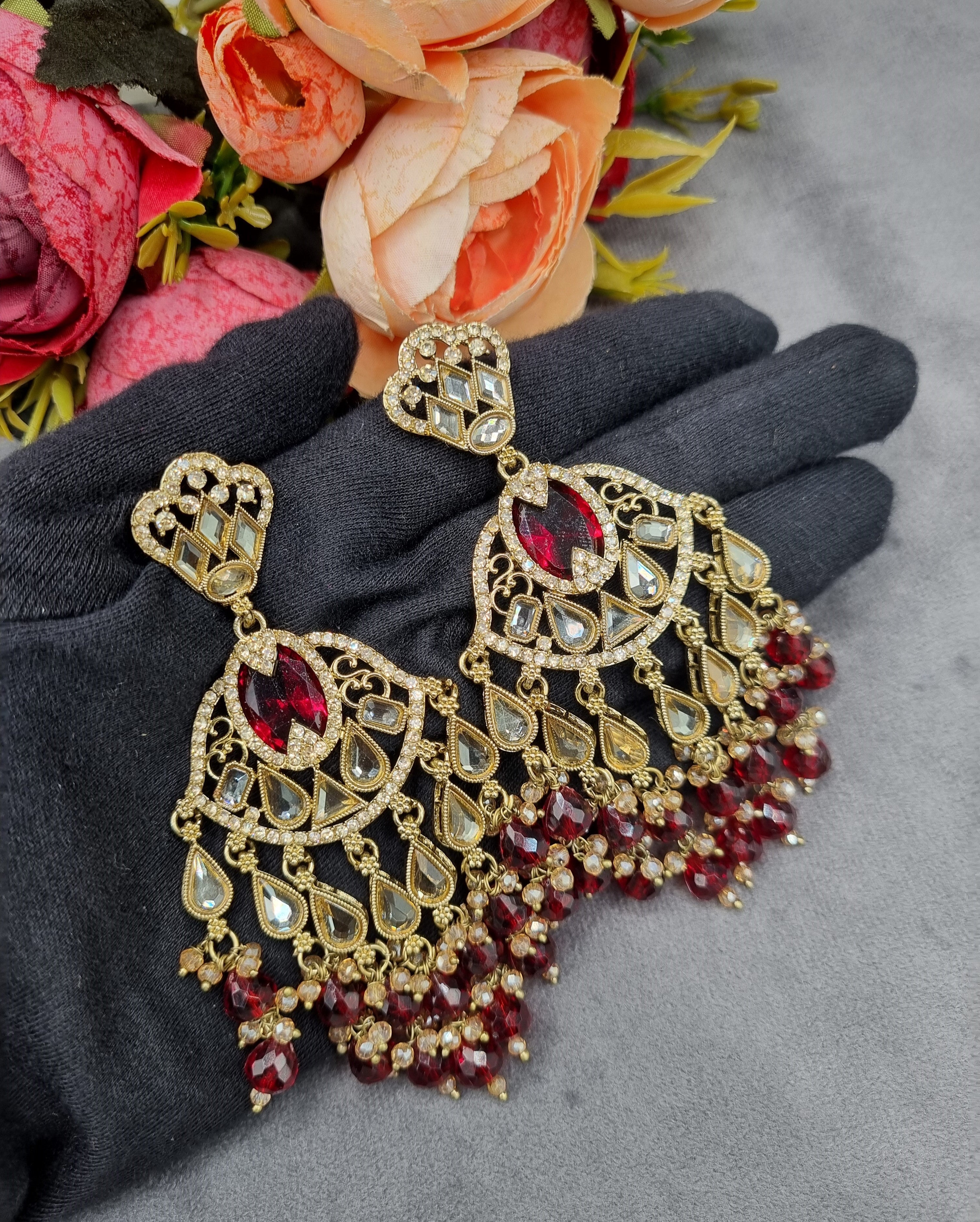 LAFZ Antique Gold Statement Chandbali Earrings with Crystal Beads - ER130