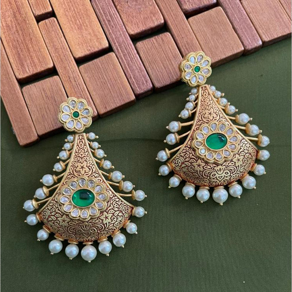 Arham Premium Gold Plated Designer Heavy Polki Kundan Beads Meenakari Dangler Earrings