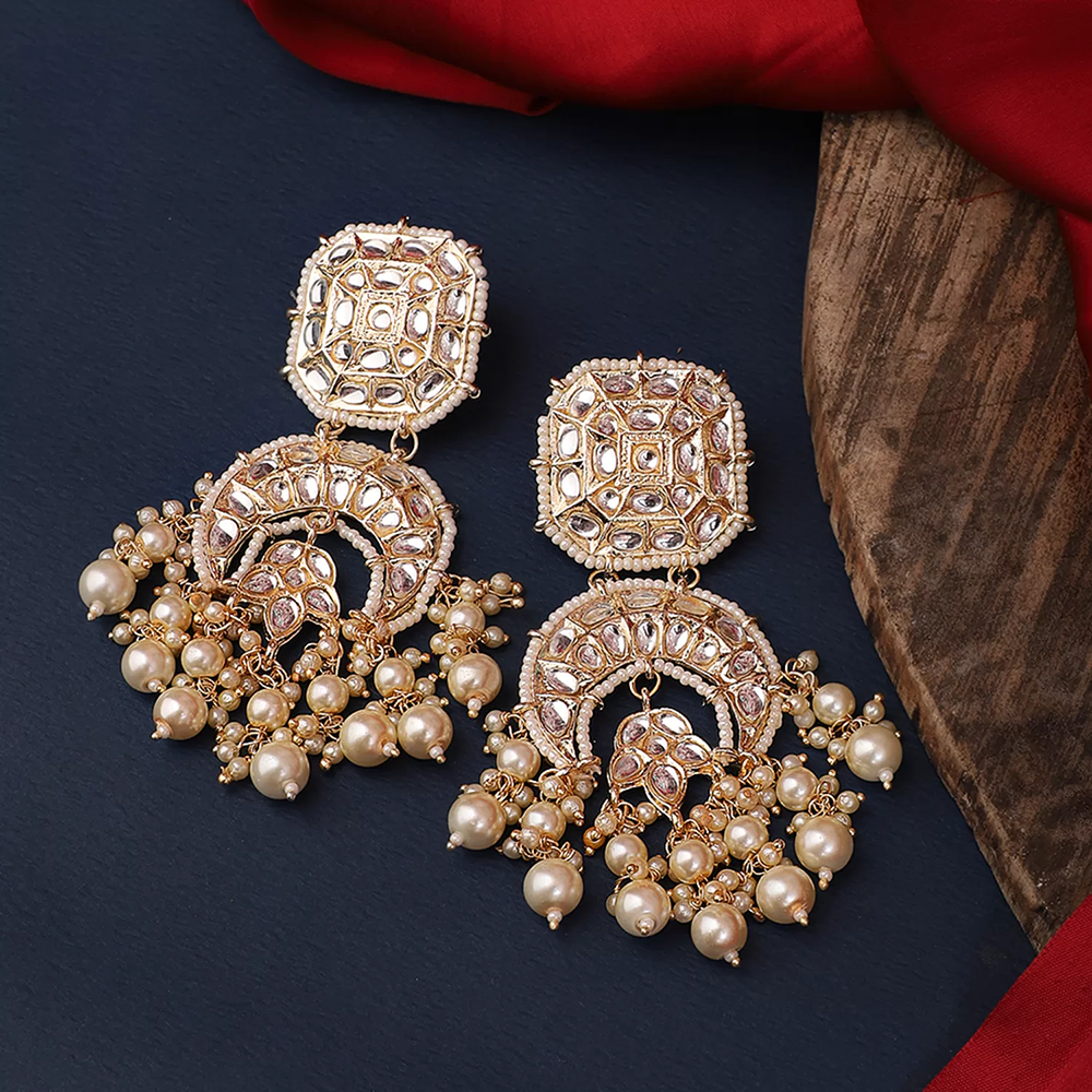 Knigght angel Gold Plated Kundan And Pearl Dangler Earrings