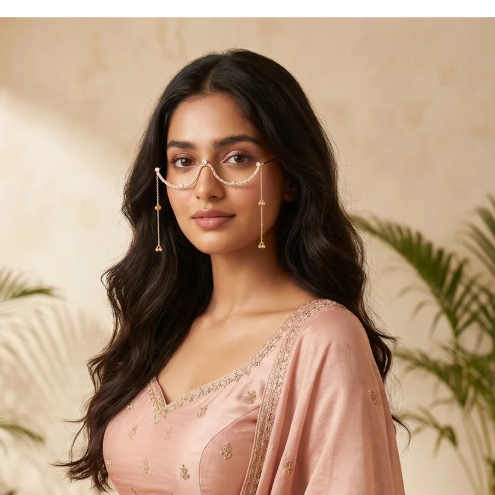 EtnicoFashion Gold Plated American Diamond Facelet Rimless Lensless Glasses Eyewear with Decorative Chains and Ghungroo Statement Party Accessory for Women & Girls (F004)