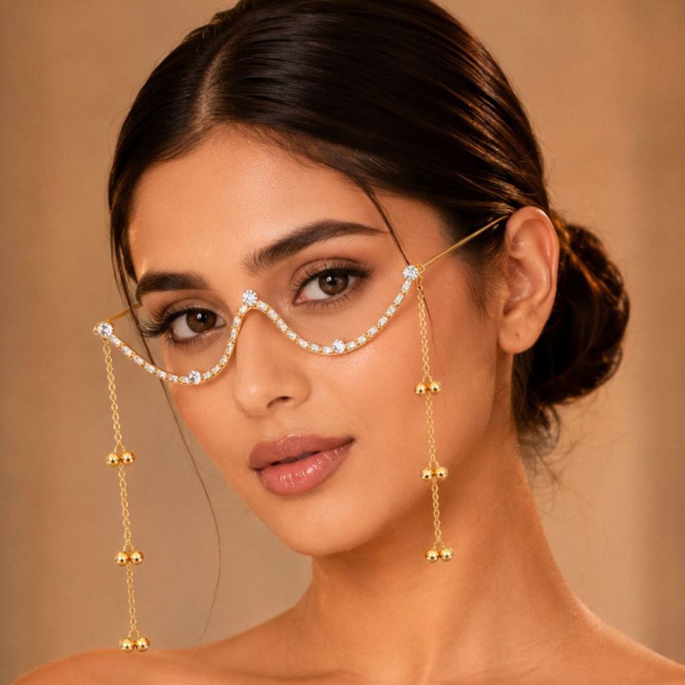 EtnicoFashion Gold Plated American Diamond Facelet Rimless Lensless Glasses Eyewear with Decorative Chains and Ghungroo Statement Party Accessory for Women & Girls (F004)