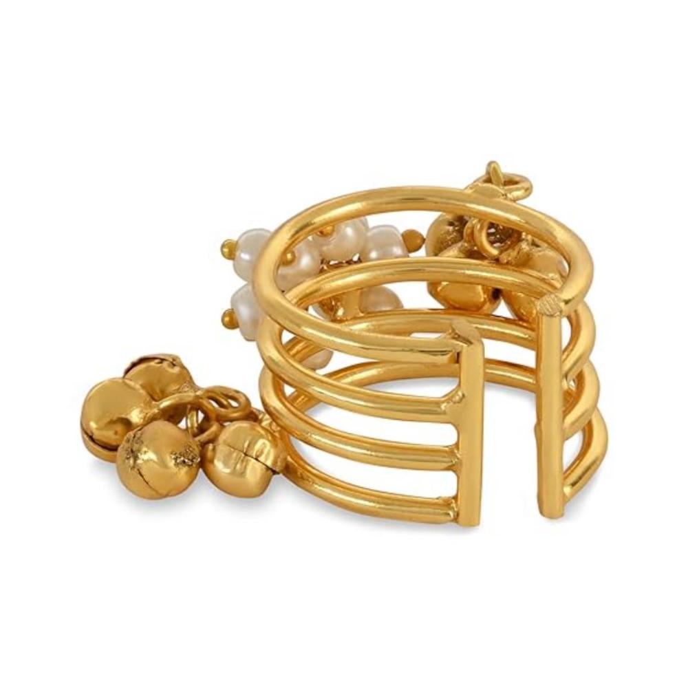Etnico Gold Plated Ethnic Adjustable Finger Ring Embellished With Ghungroo and Pearl For Women (FL223)