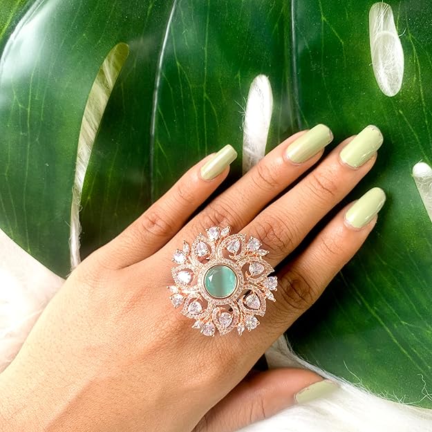 Etnico Rose Gold Plated Special Stylish Latest Fashionable Design Floral CZ American Diamond Adjustable Finger Rings For Women & Girls (FL241) (Mint)