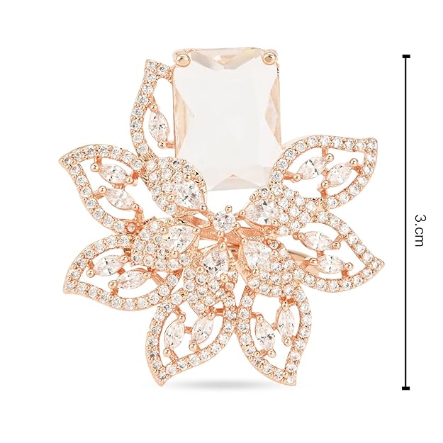 Etnico Rose Gold Plated Special Stylish Latest Fashionable Design Floral CZ American Diamond Adjustable Finger Rings For Women & Girls (FL242W)