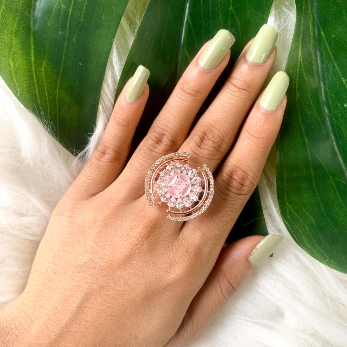 Etnico Rose Gold Plated Pink CZ American Diamond Round Princess Cut Adjustable Finger Rings For Women (Pink)