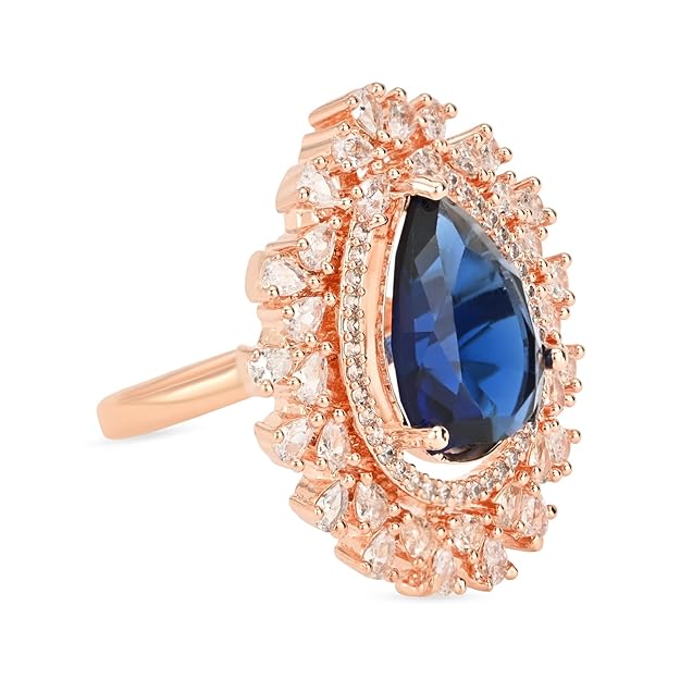 Etnico Rose Gold Plated Valentines Special Classic Teardrop Pear Shaped CZ American Diamonds Adjustable Comfort Fit Big Band Finger Rings For Women & Girls (FL244Bl)