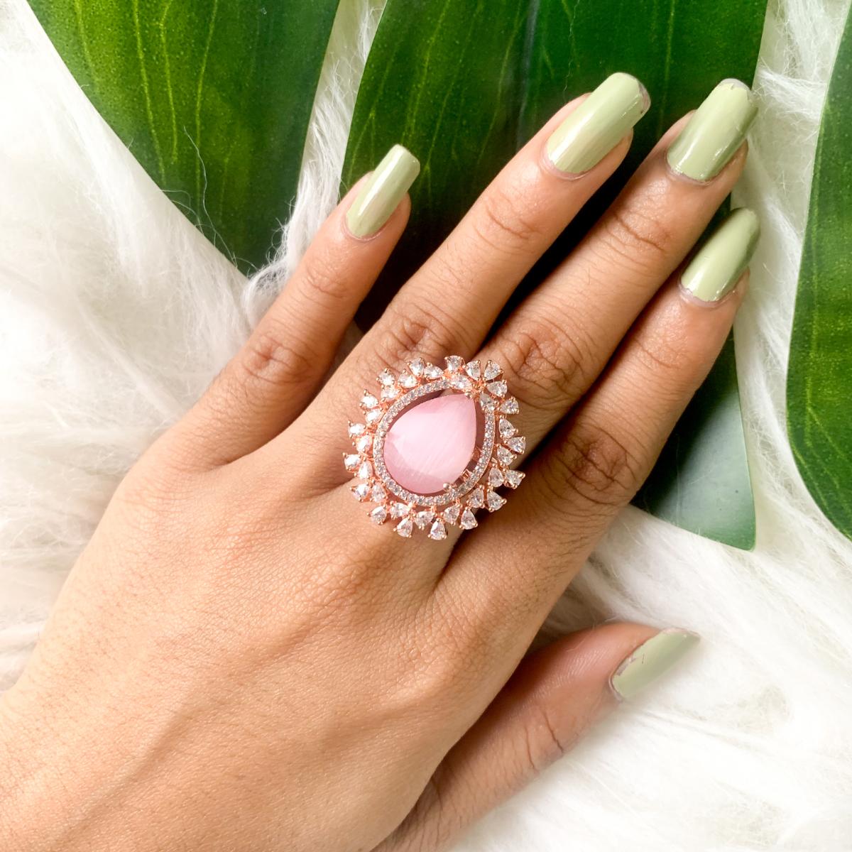 Etnico Rose Gold Plated Classic Teardrop Pear Shaped CZ American Diamonds Adjustable Comfort Fit Big Band Finger Rings For Women (Pink)