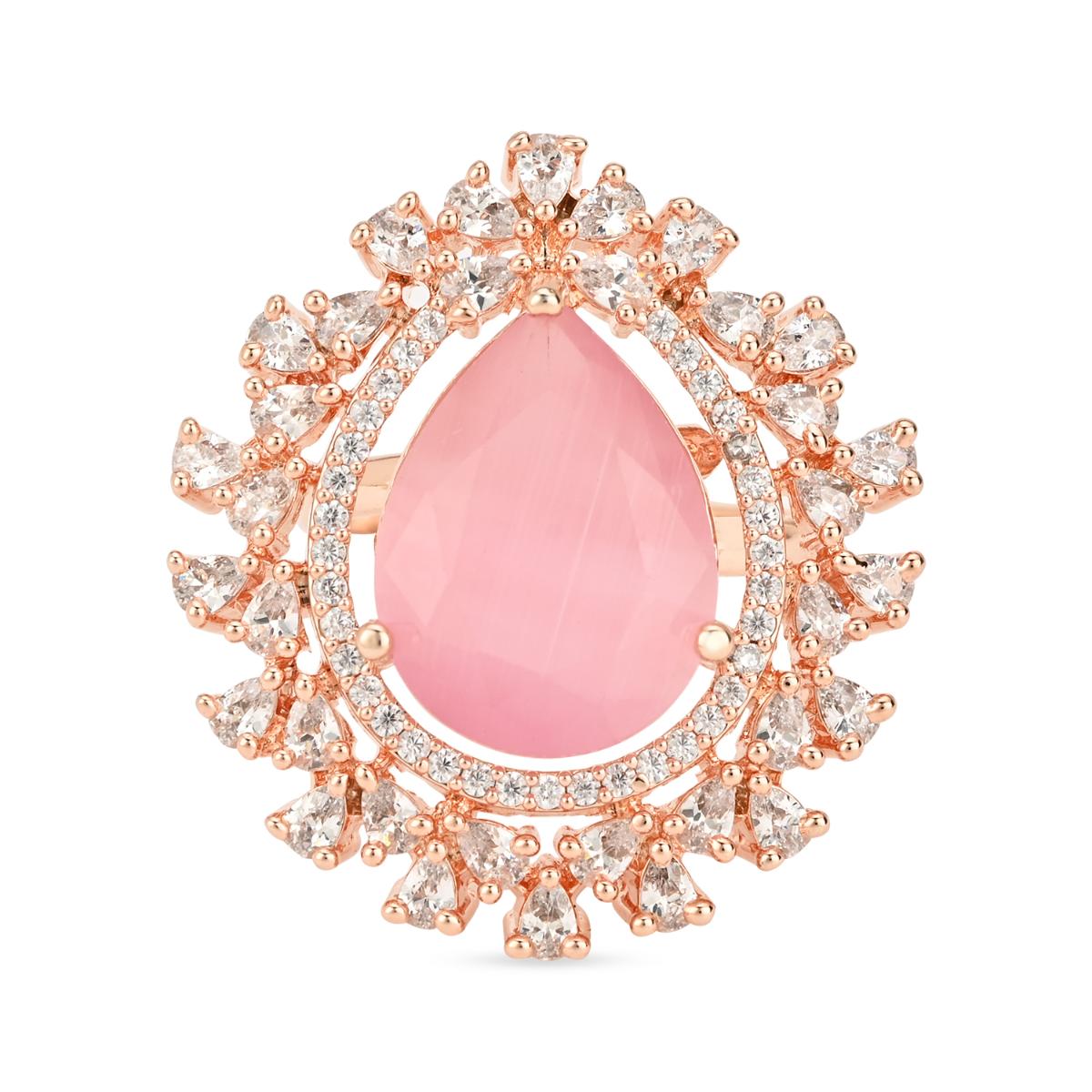 Etnico Rose Gold Plated Classic Teardrop Pear Shaped CZ American Diamonds Adjustable Comfort Fit Big Band Finger Rings For Women (Pink)