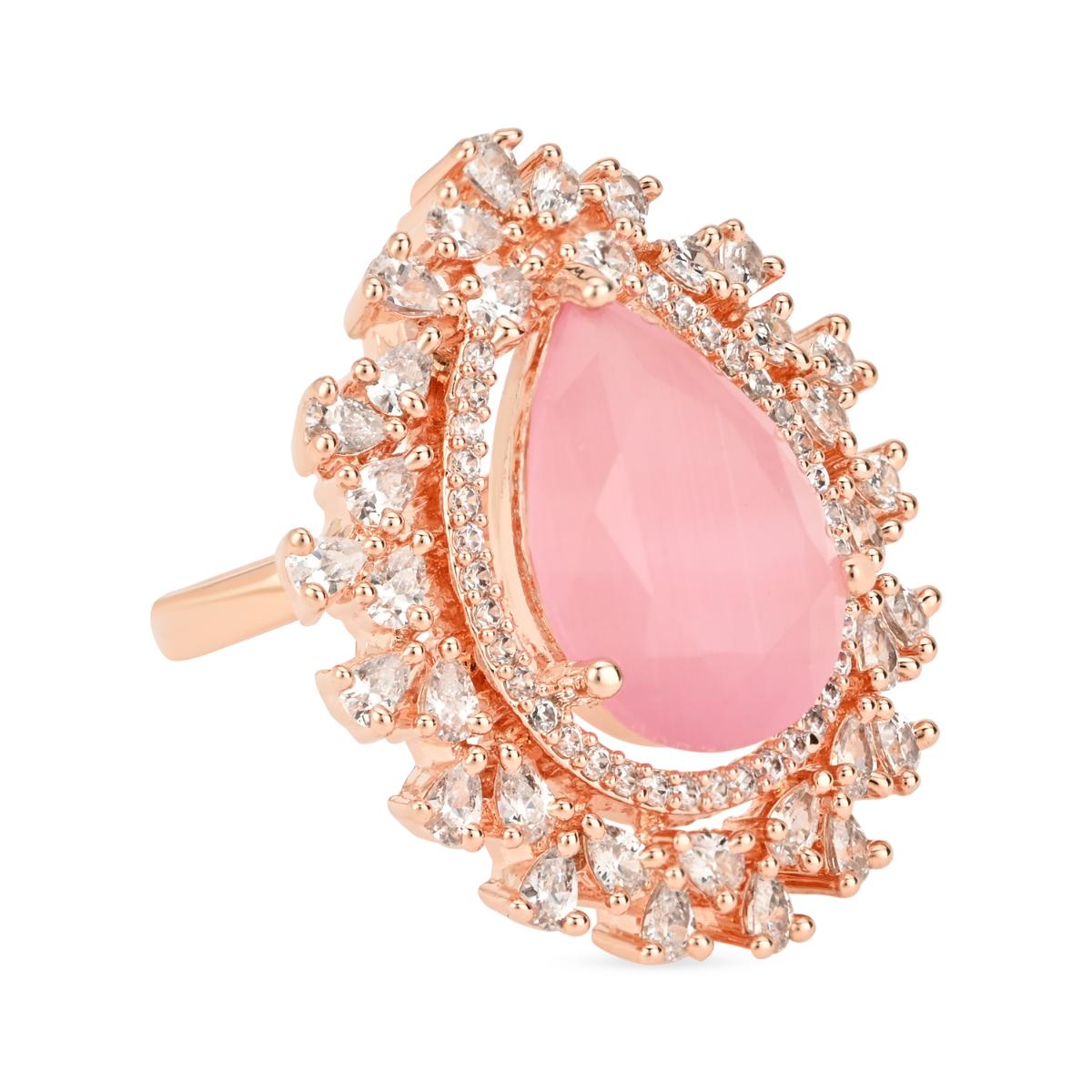 Etnico Rose Gold Plated Classic Teardrop Pear Shaped CZ American Diamonds Adjustable Comfort Fit Big Band Finger Rings For Women (Pink)