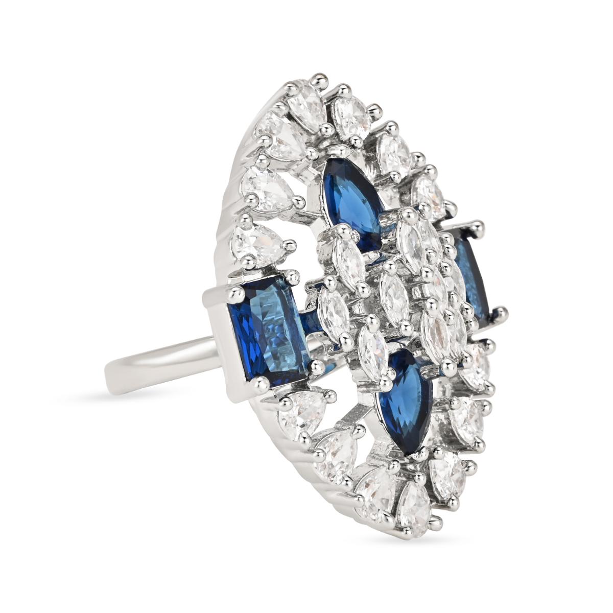 Etnico Valentines Special Stylish Latest American Diamond Cubic Zirconia Statement Adjustable Brass Finger Ring For Women/Girls (FL245) (Blue)