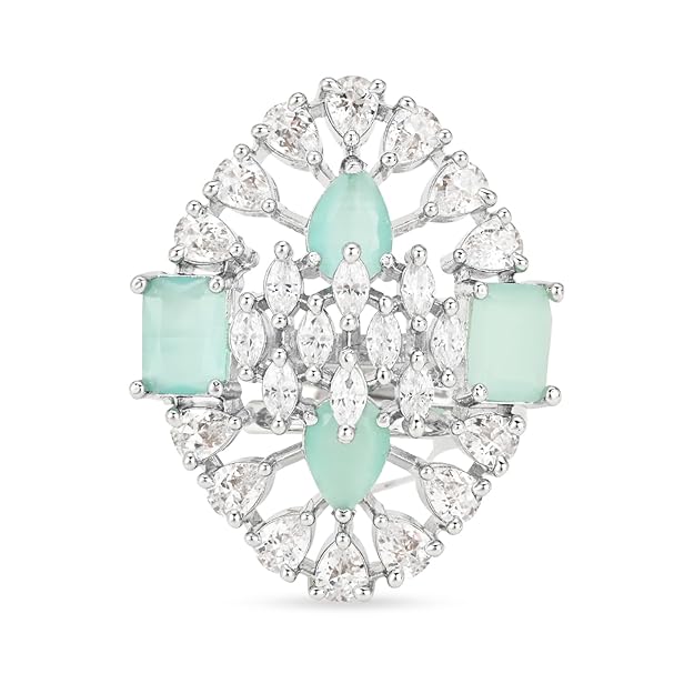 Etnico Special Stylish Latest American Diamond Cubic Zirconia Statement Adjustable Brass Finger Ring For Women/Girls (FL245) (Mint)
