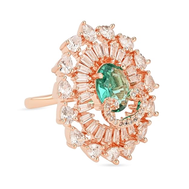 Etnico Womens Rose Gold Plated Special CZ American Diamond Stylish Floral Shape Dazzling Adjustable Brass Finger Ring (Green)
