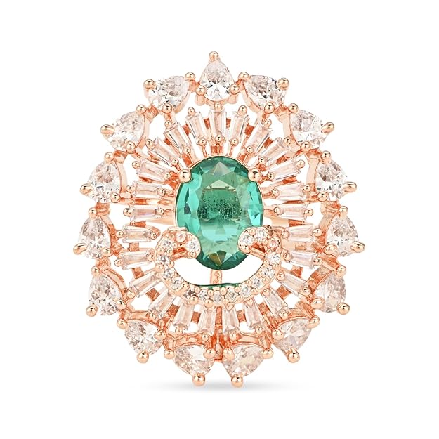 Etnico Womens Rose Gold Plated Special CZ American Diamond Stylish Floral Shape Dazzling Adjustable Brass Finger Ring (Green)