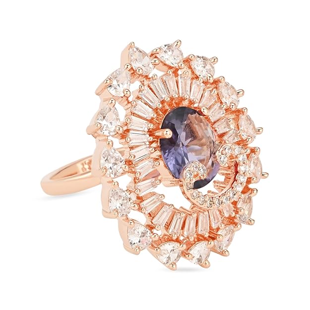 Etnico Womens Rose Gold Plated Special CZ American Diamond Stylish Floral Shape Dazzling Adjustable Brass Finger Ring (Purple)
