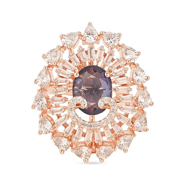 Etnico Womens Rose Gold Plated Special CZ American Diamond Stylish Floral Shape Dazzling Adjustable Brass Finger Ring (Purple)