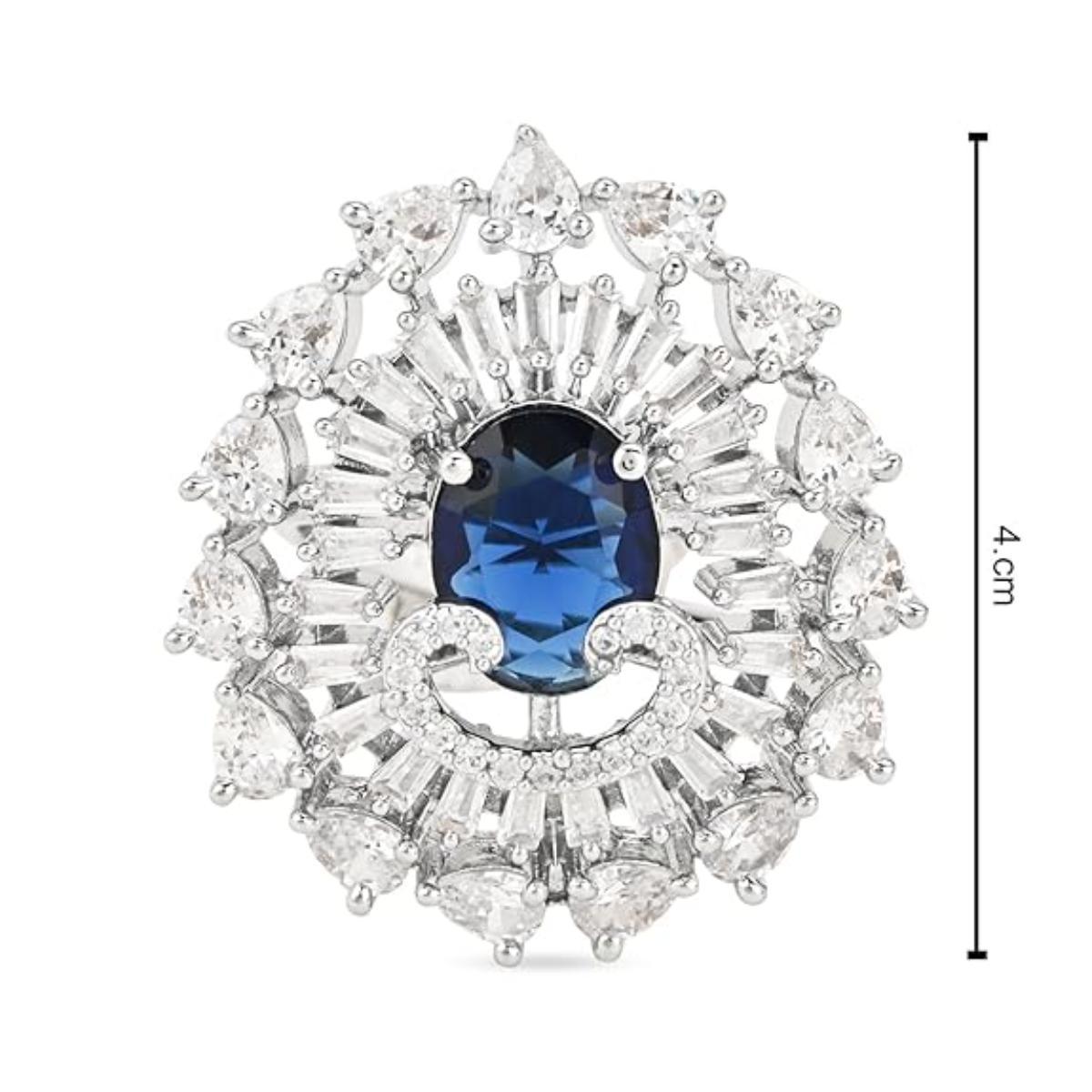 Etnico Womens Special Silver Plated CZ American Diamond Stylish Floral Shape Dazzling Adjustable Brass Finger Ring (Blue)