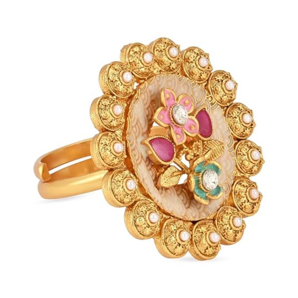 Etnico Gold Plated Traditional Meenakari Floral Design Brass Adjustable Finger Ring For Women (FL253)