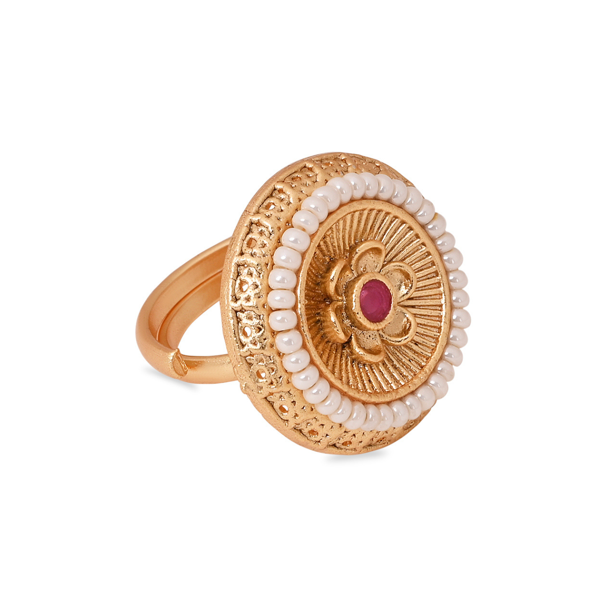 Etnico Gold Plated Traditional Floral Design Comfort Fit Finger Ring For Women (Pearl)