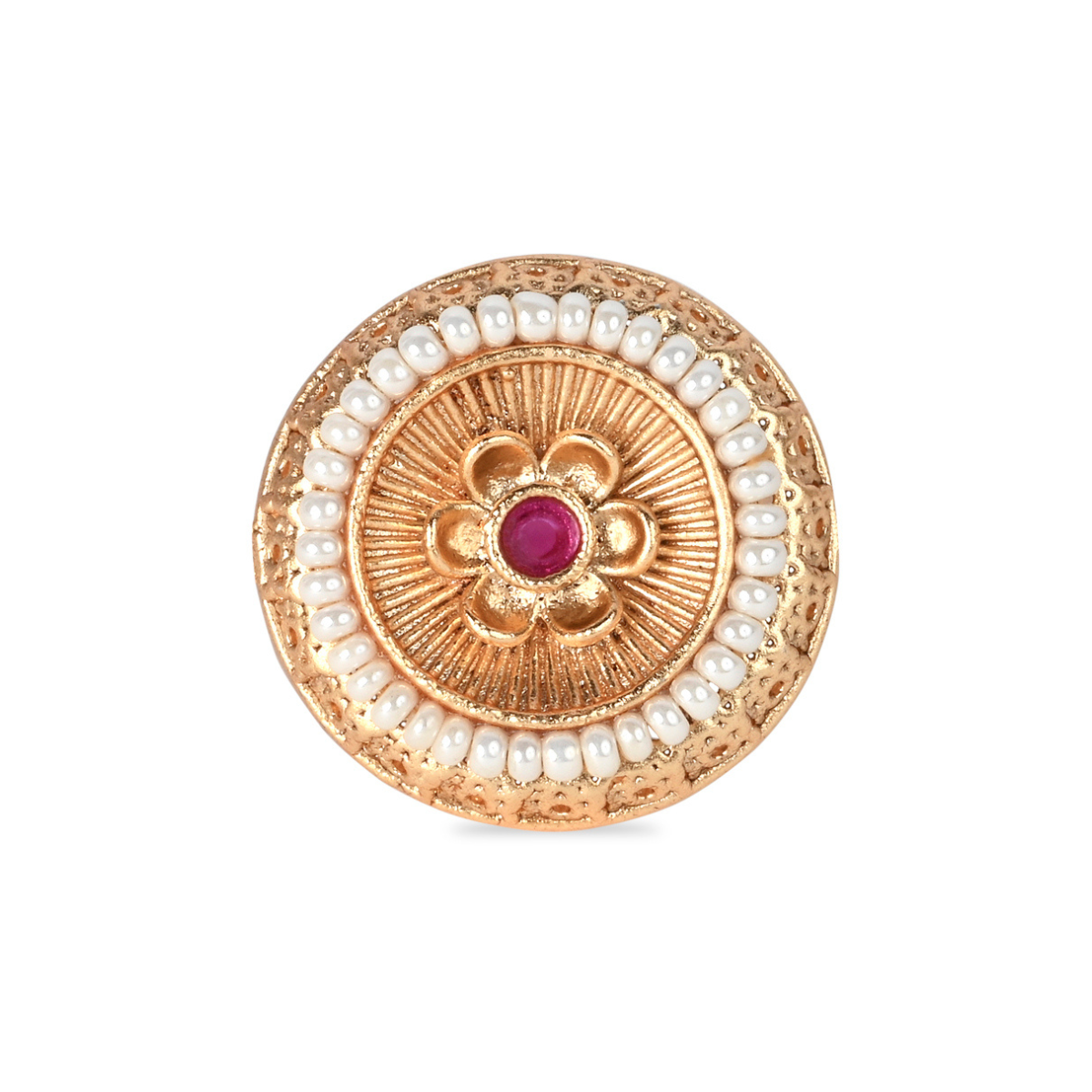 Etnico Gold Plated Traditional Floral Design Comfort Fit Finger Ring For Women (Pearl)
