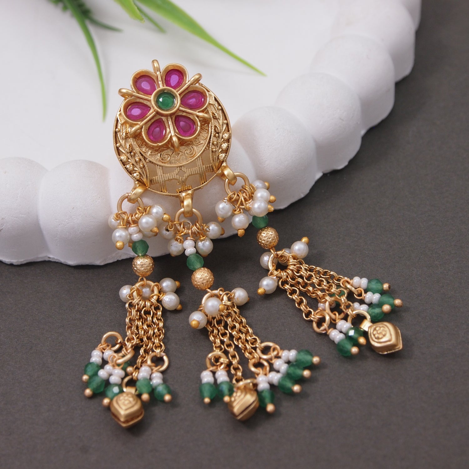 Etnico Rajwadi Plated Brass Adjustable Finger Ring with Pearl Beads & Latkan Chain for Women (Style 2)