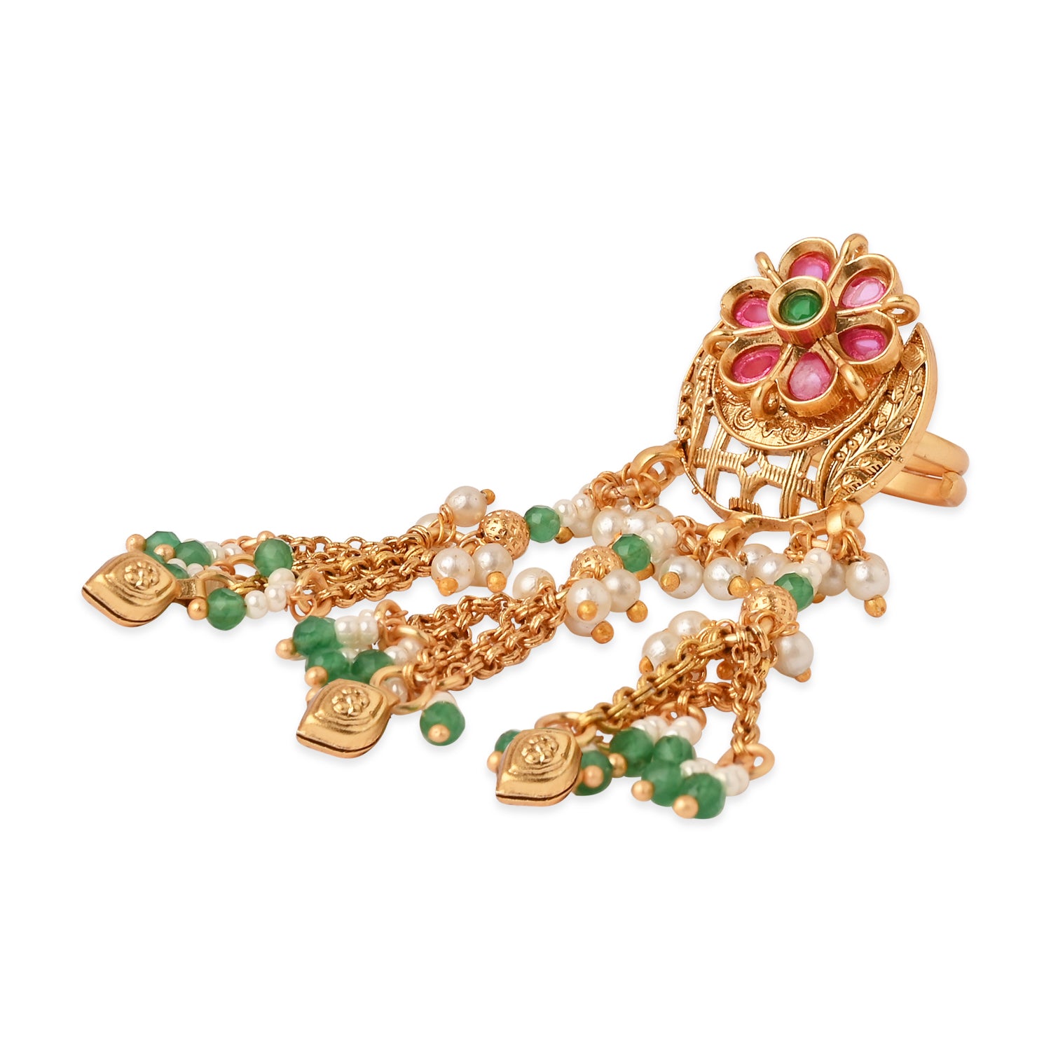 Etnico Rajwadi Plated Brass Adjustable Finger Ring with Pearl Beads & Latkan Chain for Women (Style 2)