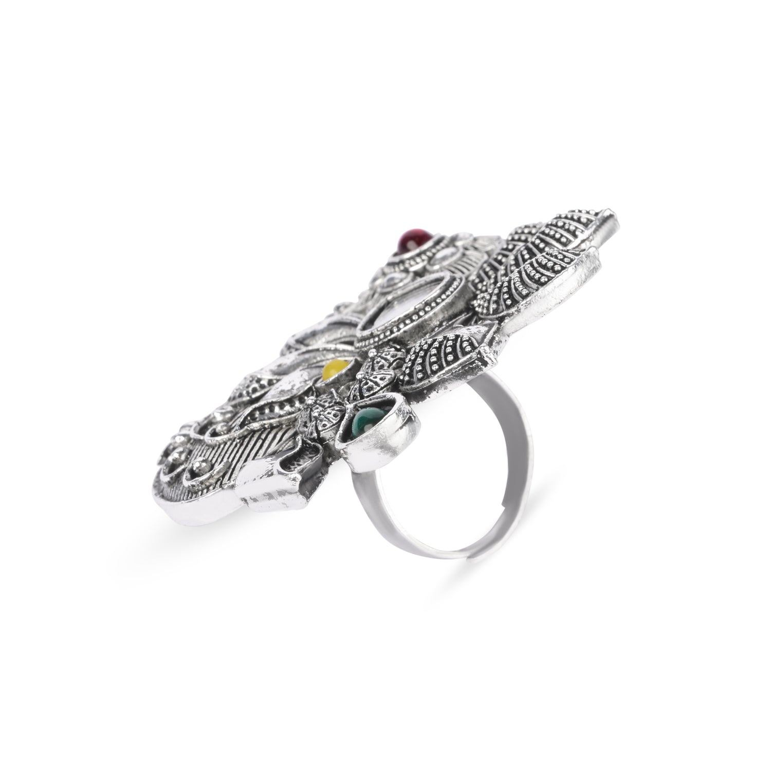 Etnico Oxidised Adjustable Floral Leaf Design Ring with Multicolour Stones (FL278OX)