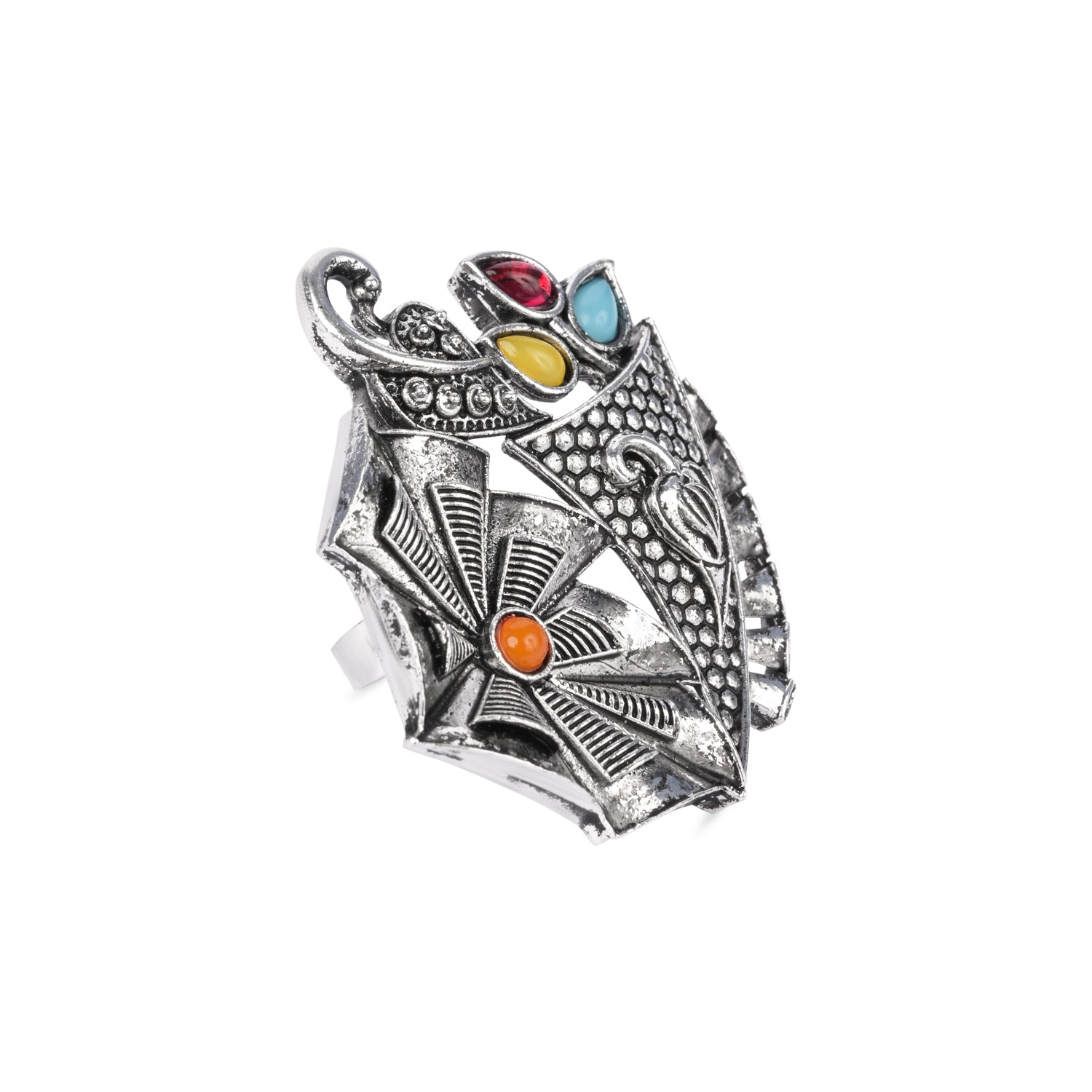Etnico Oxidised Adjustable Floral Motif Ring with Multicolour Stones (FL279OX)