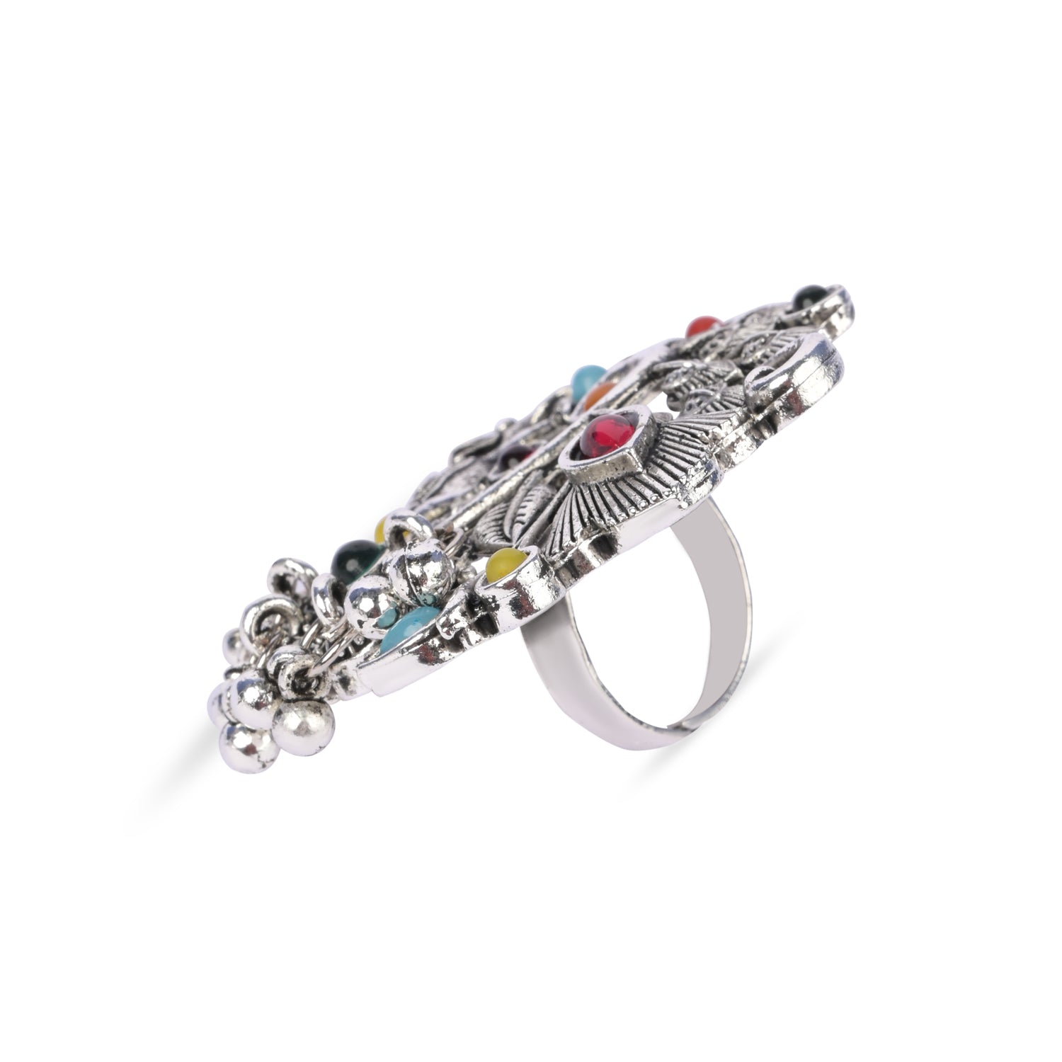 Etnico Oxidised Adjustable Elephant Design Ring with Multicolour Stones (FL280OX)