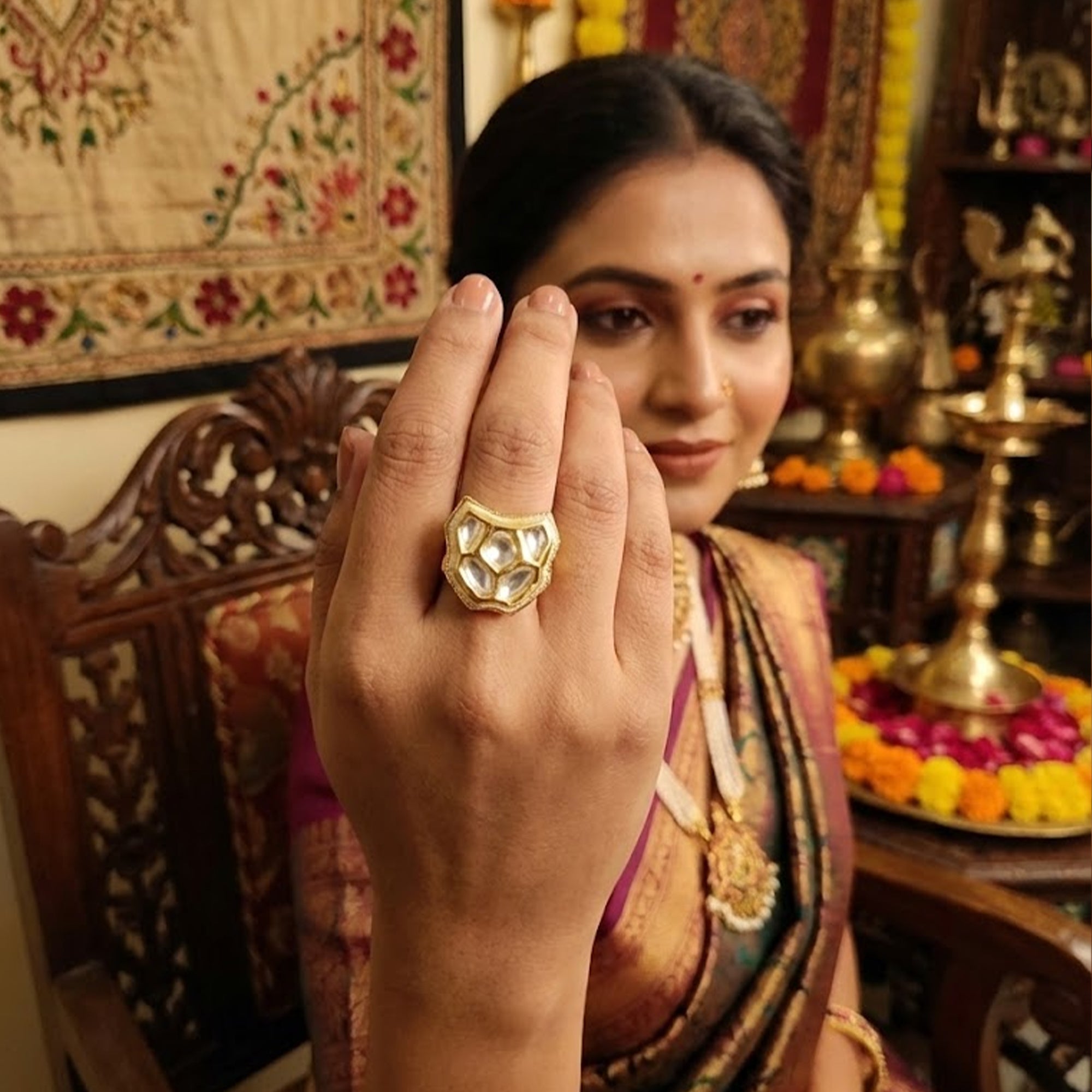 Js Fashion High Gold Royal Kundan And Pota Stone Designer Ring