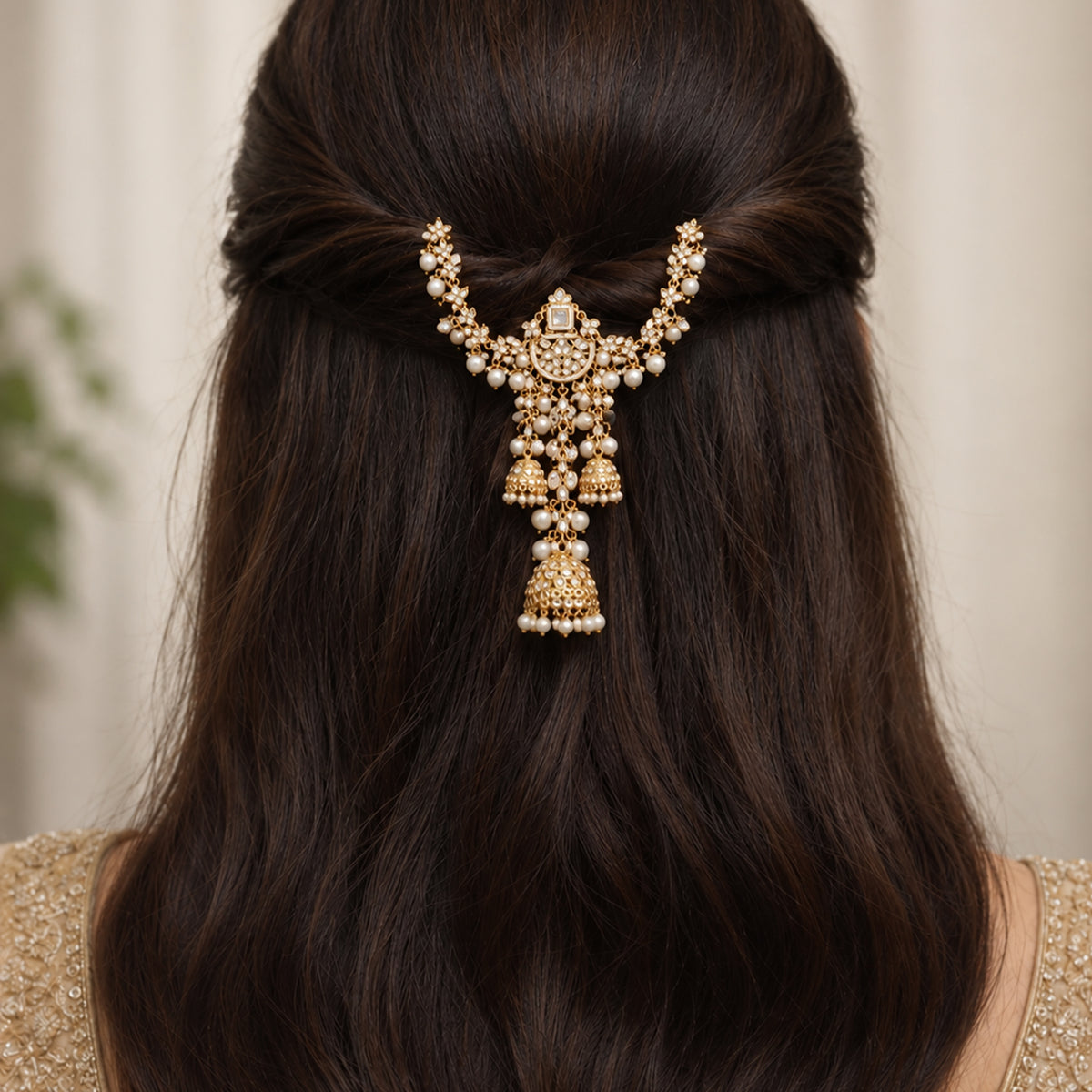 Js Fashion Kundan Jewellery Design High Gold Polish Fancy Clustered Pearl Hair Accessories