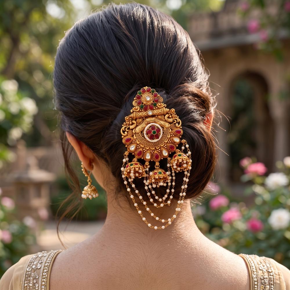 Js Fashion High Gold Antique Floral Juda Pin with Pearl