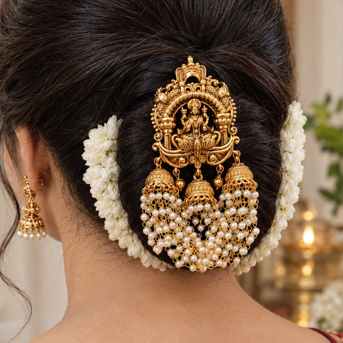 Js Fashion Designer God Laxmi design Pearl jhumka Temple Juda Hair Accessory