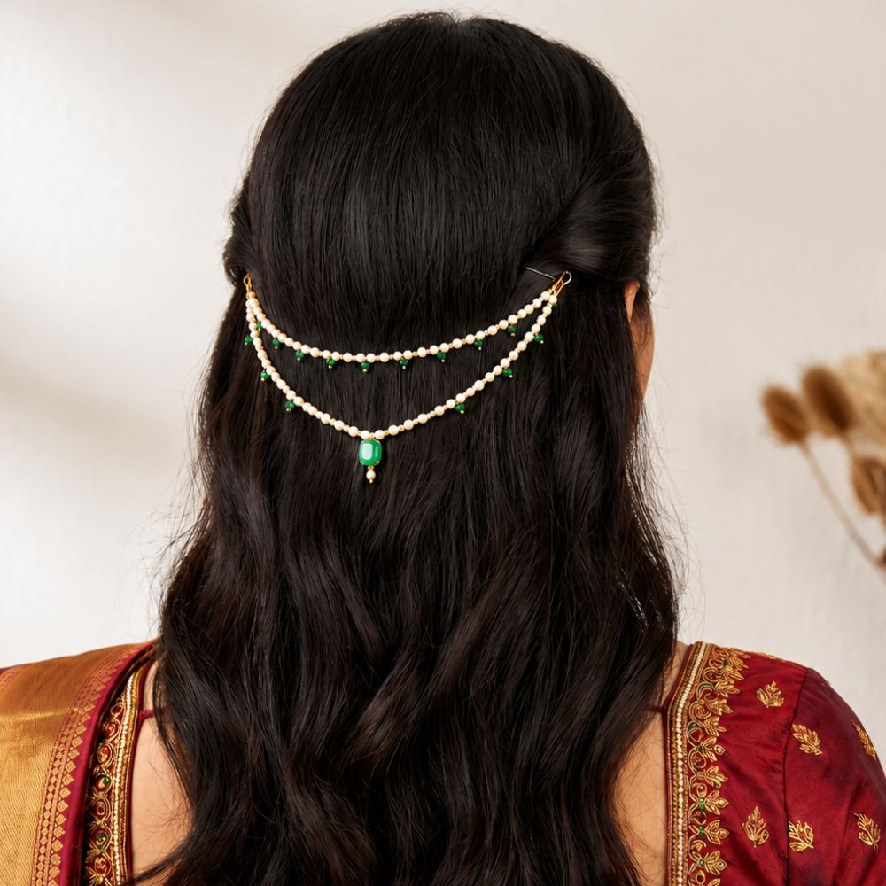 EtnicoTraditional Pearl Beaded Hair Chain with Stone Detailing for Women (HC02G)