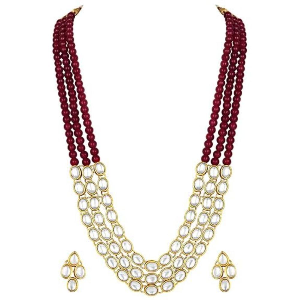 Etnico Gold Plated Traditional Stunning White Kundan Studded Layered Pearl Necklace Jewellery Set with Earrings For Women/Girls (IJ376) (Maroon)