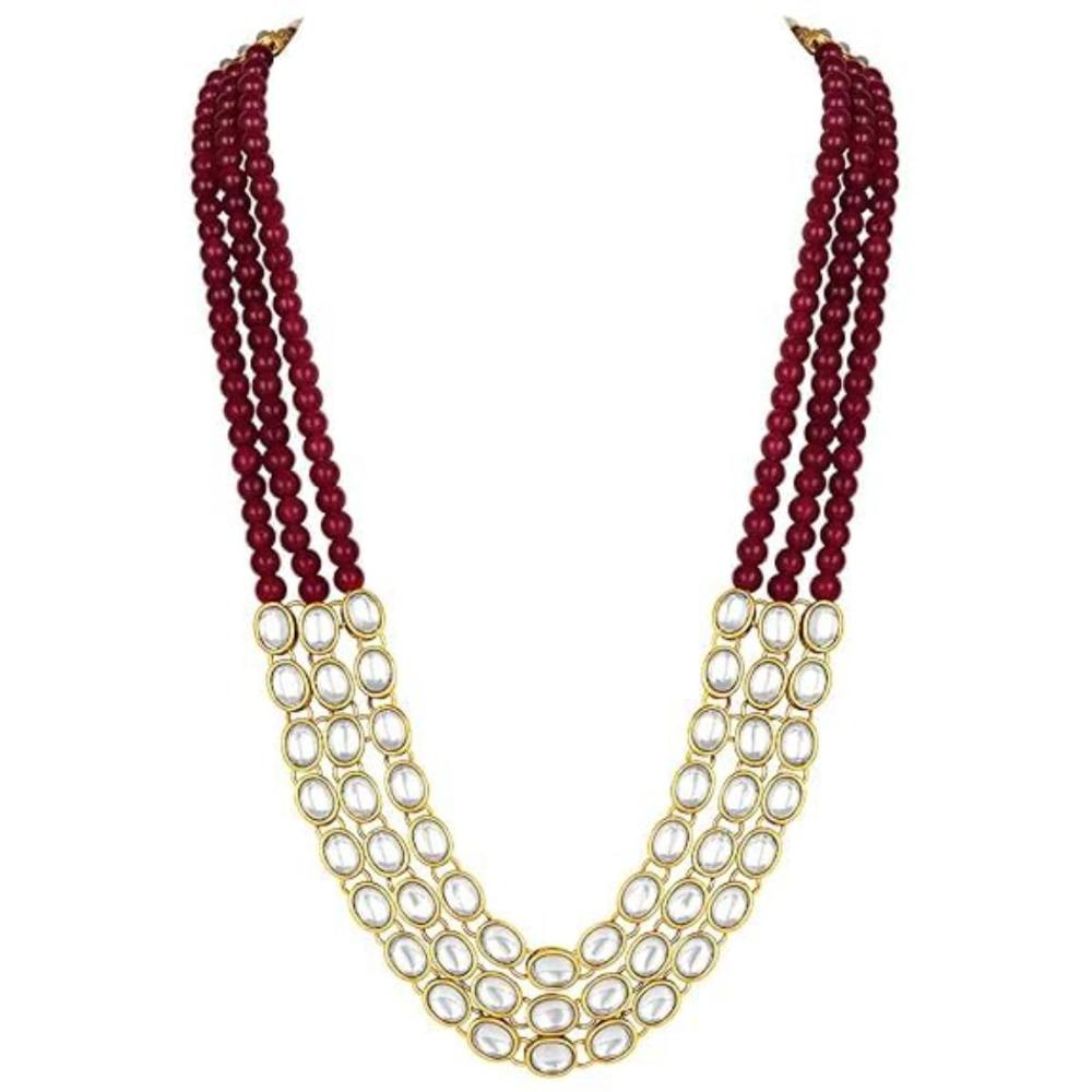 Etnico Gold Plated Traditional Stunning White Kundan Studded Layered Pearl Necklace Jewellery Set with Earrings For Women/Girls (IJ376) (Maroon)