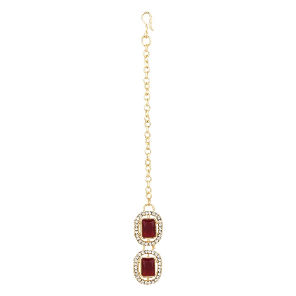 Etnico Gold Plated Traditional Stone Choker Necklace Jewellery With Earring & Maang Tikka Set For Women And Girls (Maroon)