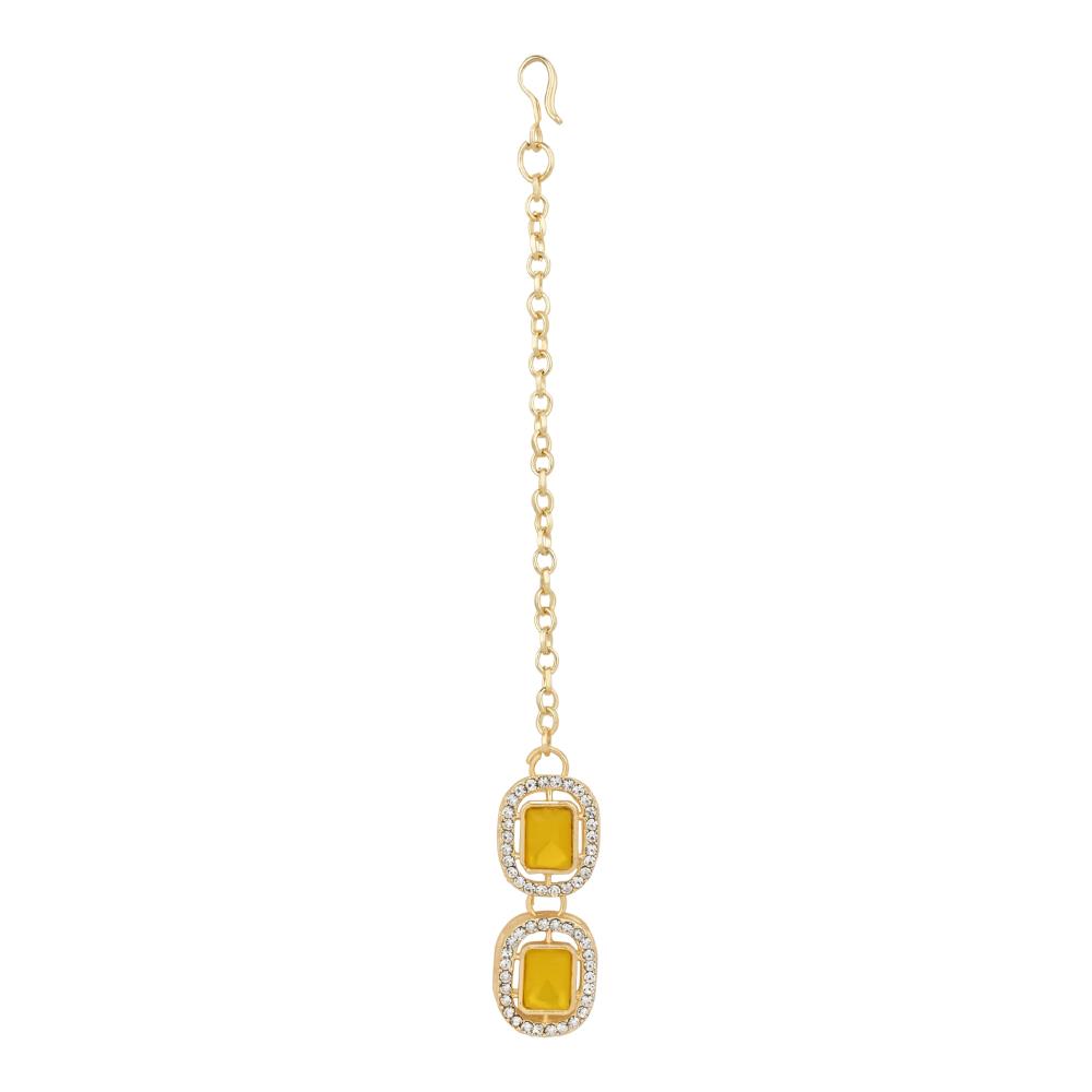 Etnico Gold Plated Traditional Stone Choker Necklace Jewellery With Earring & Maang Tikka Set For Women And Girls (Yellow)