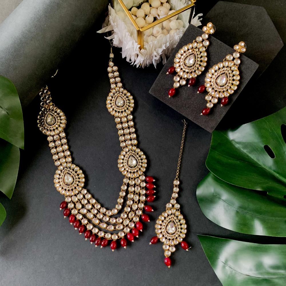 Etnico Gold Plated Traditional Multi Layered Kundan Pearl Bridal Necklace Jewellery with Earrings & Maang Tikka Set For Women/Girls (IJ384) (Maroon)