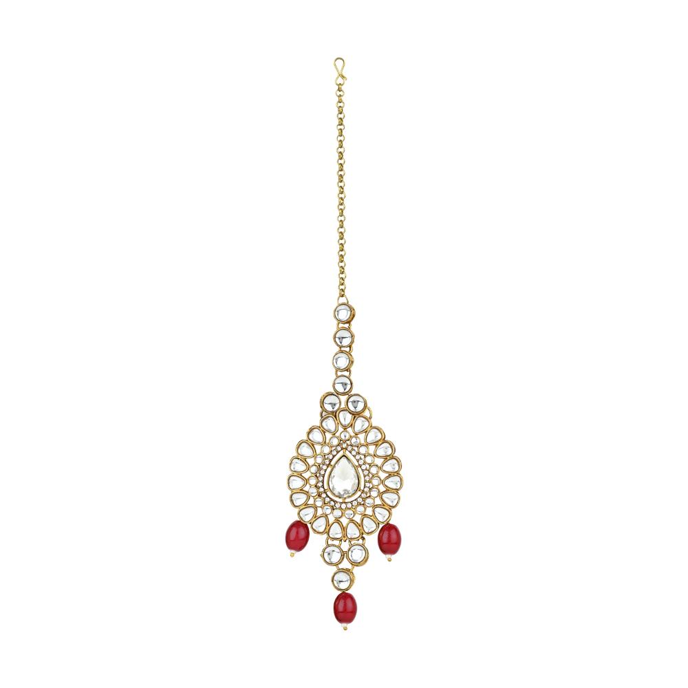 Etnico Gold Plated Traditional Multi Layered Kundan Pearl Bridal Necklace Jewellery with Earrings & Maang Tikka Set For Women/Girls (IJ384) (Maroon)