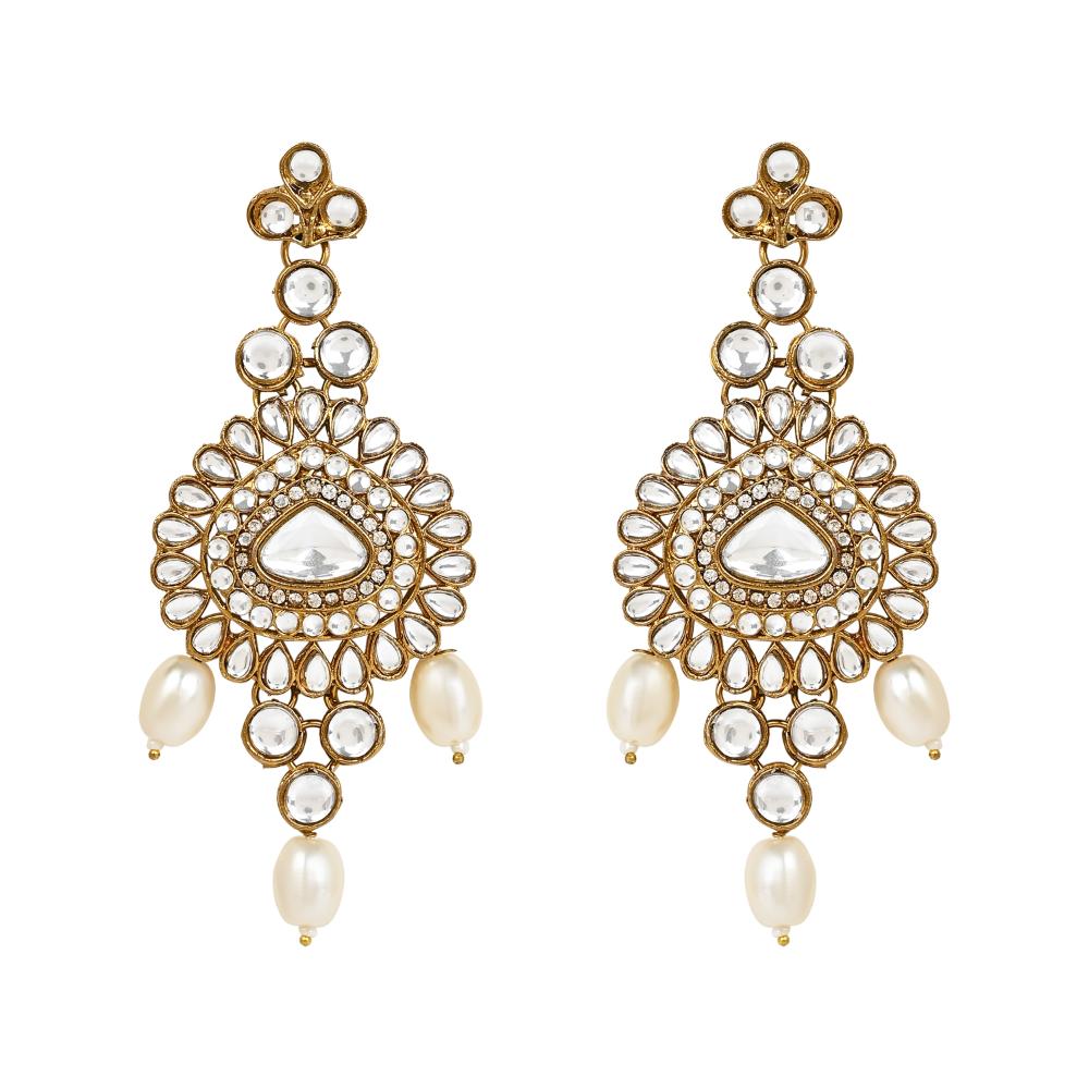 Etnico Gold Plated Traditional Multi Layered Pearl Kundan Bridal Necklace Jewellery with Dangle Earrings & Maang Tikka Set For Women/Girls (IJ386W)