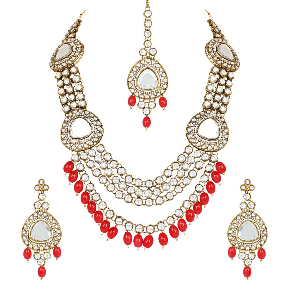 Etnico Gold Plated Traditional Multi Layered Pearl Kundan Bridal Necklace Jewellery with Dangle Earrings & Maang Tikka Set For Women/Girls (IJ387R)