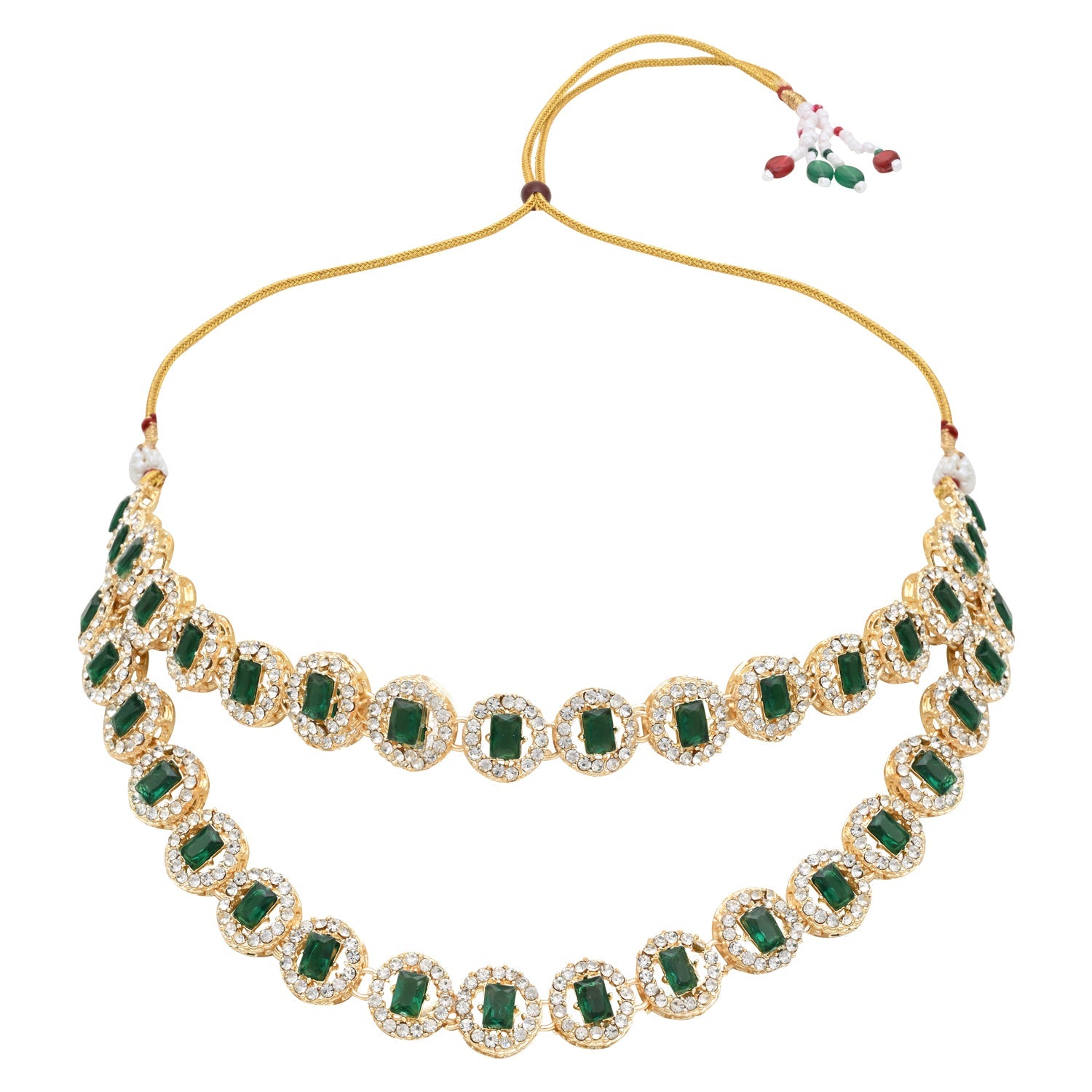 Etnico Gold Plated Stylish Design Crystal Diamond Multi Layer Necklace With Earrings & Maang Tikka Jewellery Set for Women (Green)