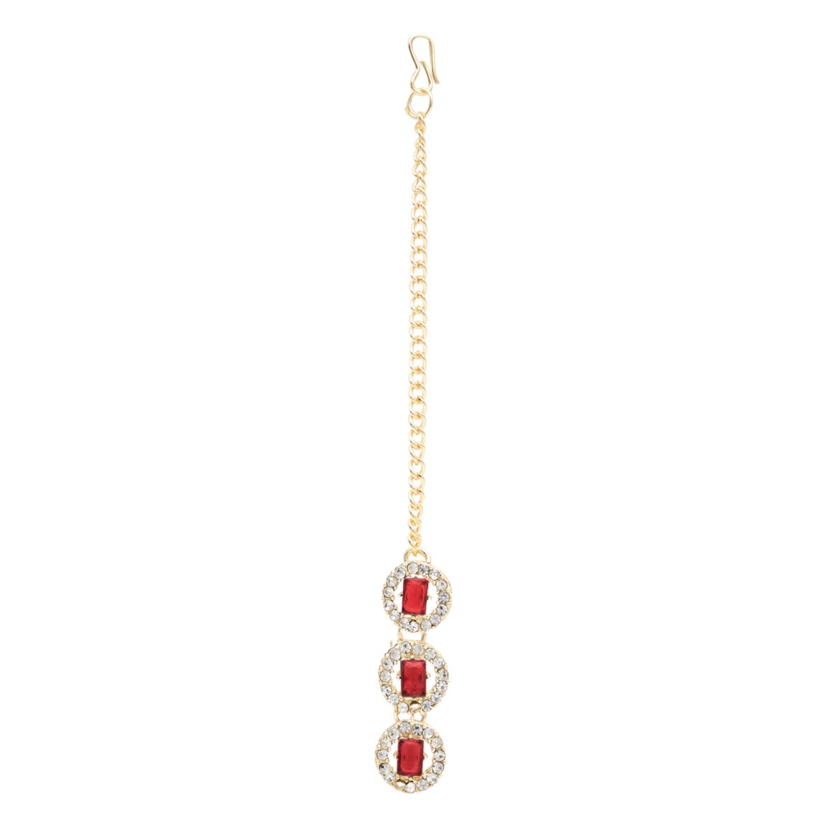 Etnico Gold Plated Stylish Design Crystal Diamond Multi Layer Necklace With Earrings & Maang Tikka Jewellery Set for Women (IJ403Q)