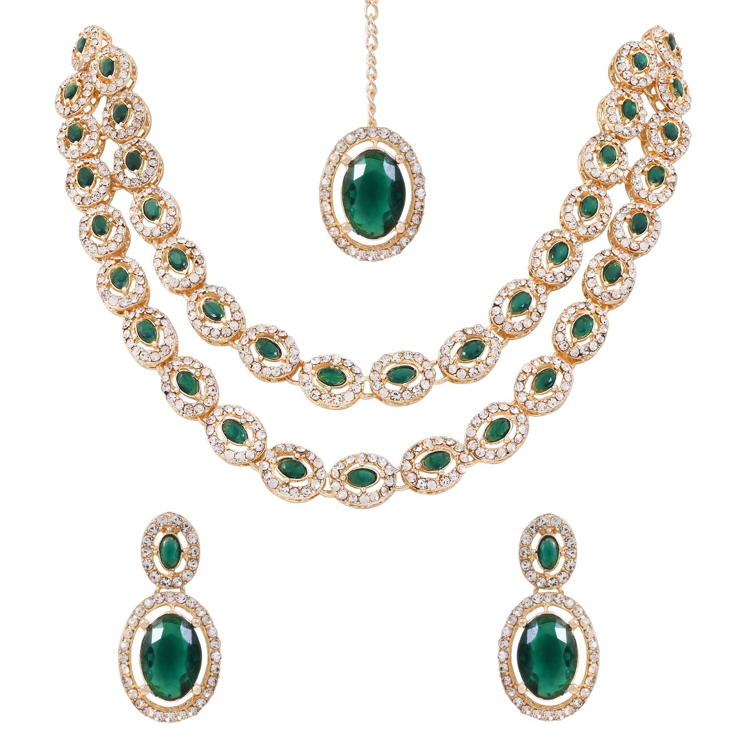 Etnico Gold Plated Stylish Design Crystal Diamond Oval Shape Necklace With Earrings & Maang Tikka Jewellery Set for Women (IJ405M)