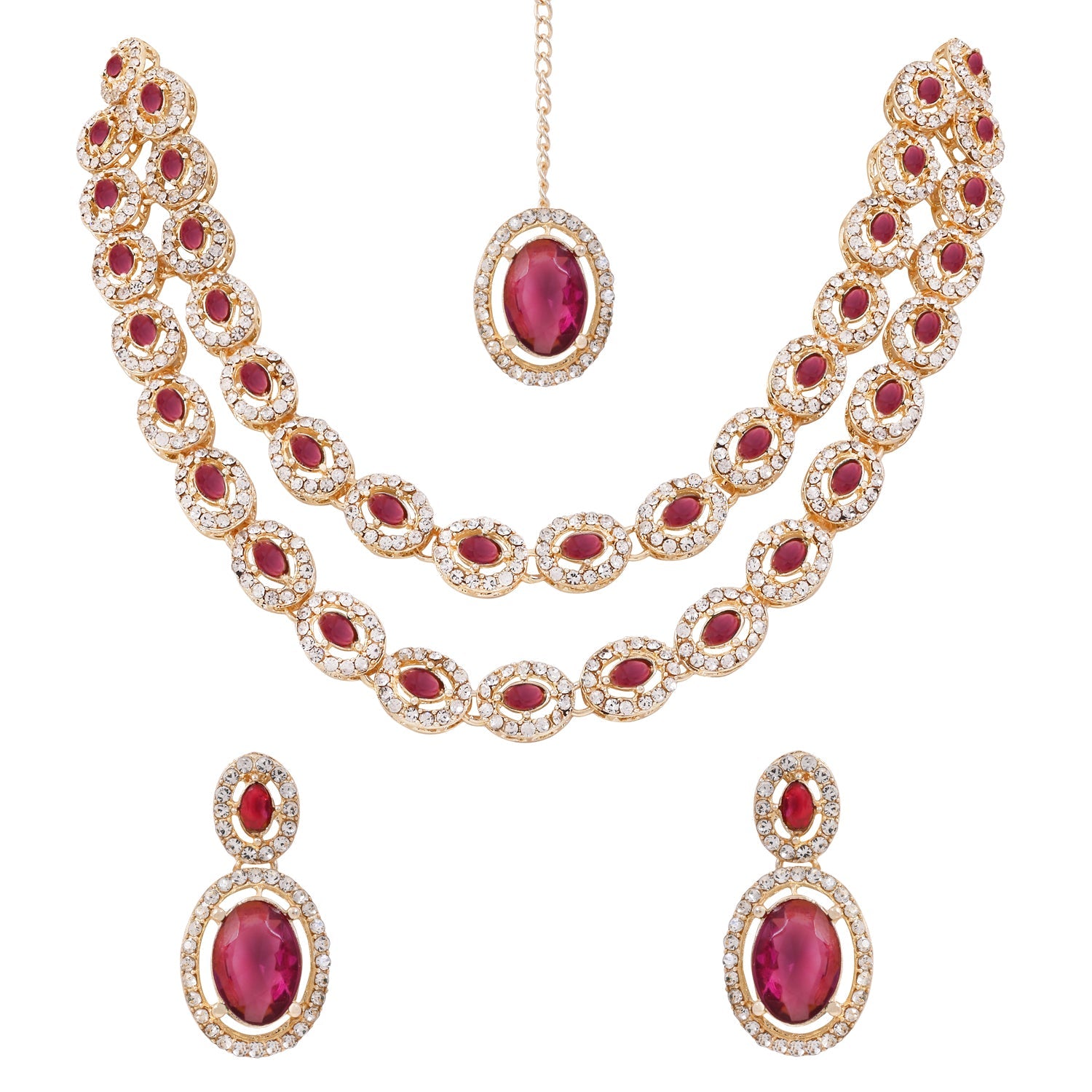 Etnico Gold Plated Stylish Design Crystal Diamond Oval Shape Necklace With Earrings & Maang Tikka Jewellery Set for Women (Wine)