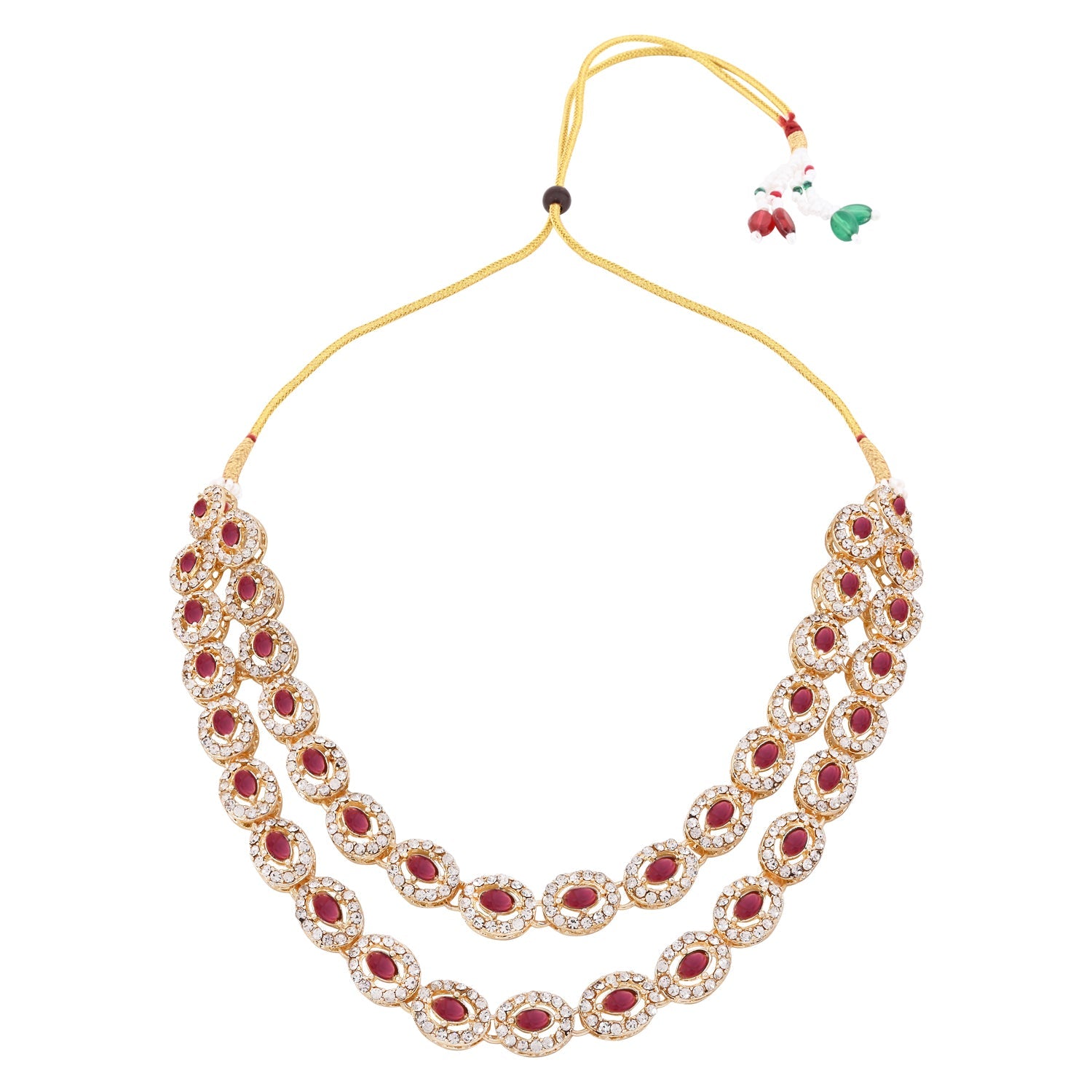 Etnico Gold Plated Stylish Design Crystal Diamond Oval Shape Necklace With Earrings & Maang Tikka Jewellery Set for Women (Wine)