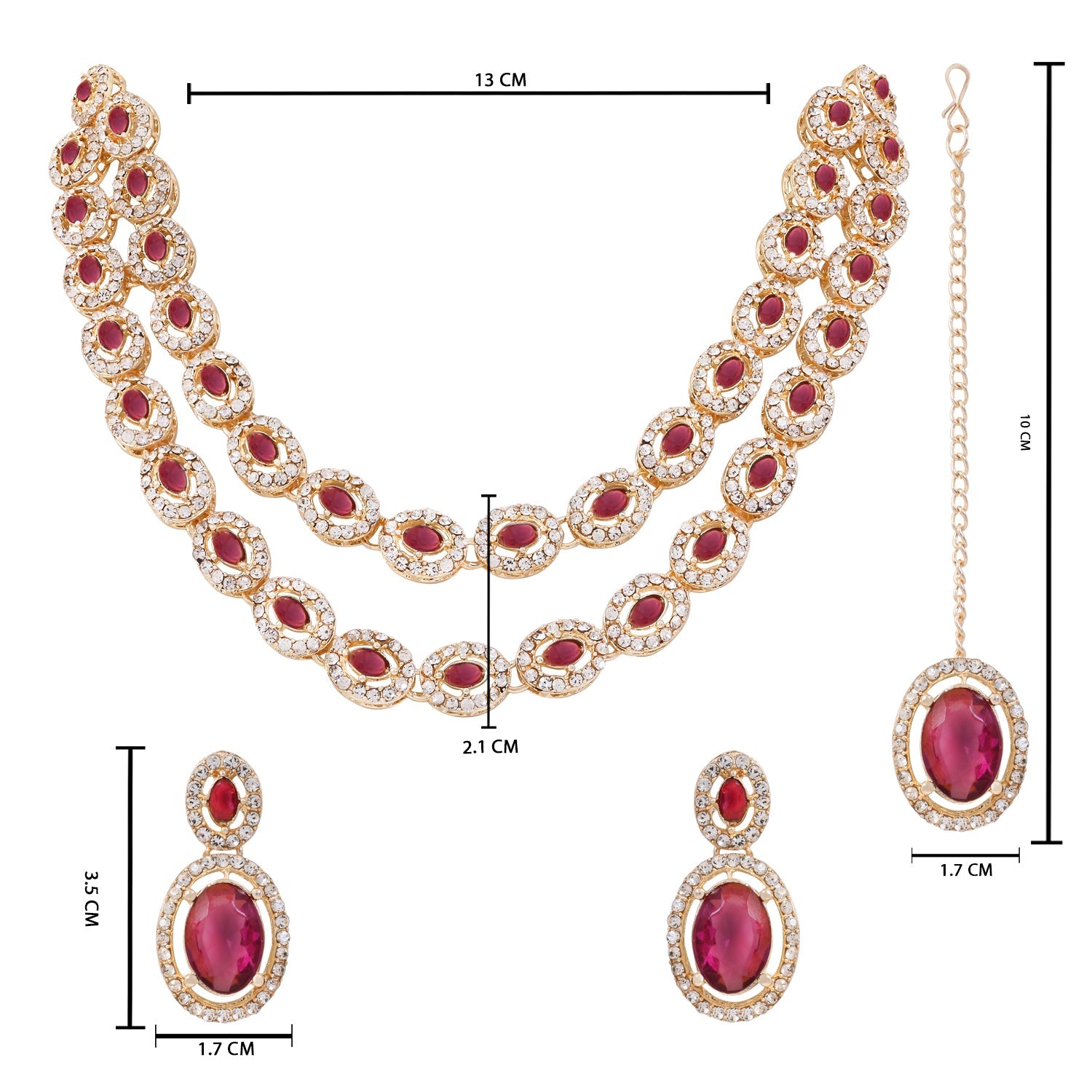 Etnico Gold Plated Stylish Design Crystal Diamond Oval Shape Necklace With Earrings & Maang Tikka Jewellery Set for Women (Wine)